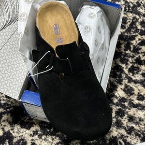 Black Suede Slip-On Clog with Buckle